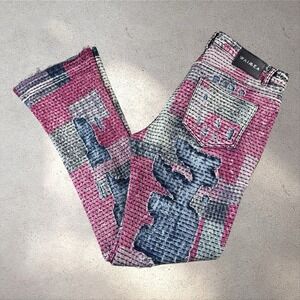 Waimea Stacked Fit Boro Patchwork Denim Jeans Men's 38x35 Pink/Blue Flare Skinny